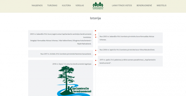 Kapčiamiesčio bendruomenės tinklapio skiltis „Istorija“ 